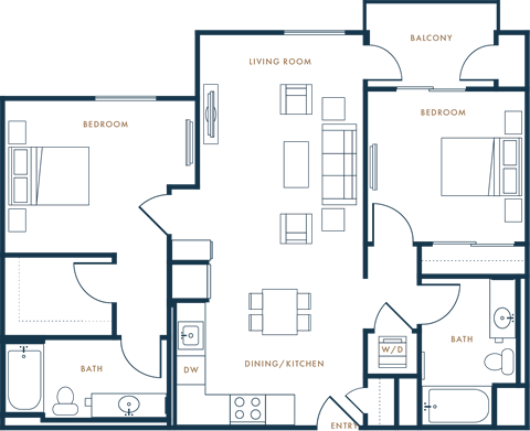 Floor plan for 2 beds, 2 baths, 1011 sqft